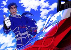  1boy blue_hair car carnival_phantasm commentary_request cu_chulainn_(fate) cu_chulainn_(fate/stay_night) earrings fate/hollow_ataraxia fate/stay_night fate_(series) helmet jewelry kon_manatsu long_hair male_focus motor_vehicle photoshop_(medium) ponytail race_vehicle racecar red_eyes solo thumbs_up 