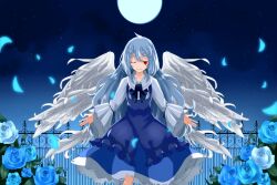  \||/ adapted_costume ahoge angel_wings bell_sleeves black_ribbon blue_bow blue_bowtie blue_dress blue_flower blue_hair blue_moon blue_petals blue_rose blue_theme bow bowtie commentary_request dress falling_petals feathered_wings female fence fingernails flower full_moon glowing glowing_petals iron_fence layered_dress long_fingernails long_hair long_sleeves looking_at_viewer moon multiple_wings nanatuki13 neck_ribbon night night_sky one_eye_closed open_hands outdoors petals photoshop_(medium) red_eyes ribbon rose rose_petals sariel_(touhou) see-through shirt sky smile solo star_(sky) starry_sky teeth touhou touhou_(pc-98) white_shirt white_wings wide_sleeves wing_collar wings 