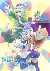  3girls :&lt; adapted_costume arm_up armor armpits bare_shoulders belt black_legwear bracelet brown_hair chagen_kokimu christmas_lights closed_eyes closed_mouth commentary_request detached_sleeves dj dress english_text fur ghost_tail green_dress green_eyes green_hair grey_hair hand_on_headphones happy hat headphones highres index_finger_raised instrument japanese_armor japanese_clothes jewelry kneehighs kote kurokote merry_christmas mononobe_no_futo multiple_girls music on_one_knee open_hands open_mouth outstretched_arm outstretched_arms party_hat photoshop_(medium) playing_instrument pointing ponytail ribbon santa_hat saturday_night_fever shirt short_hair skirt sleeveless sleeveless_shirt smile socks soga_no_tojiko spread_arms tabi thighhighs touhou toyosatomimi_no_miko turntable v-shaped_eyebrows wide_sleeves 