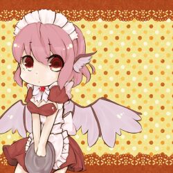  alternate_costume border chibi commentary_request enmaided female lace lace_border maid maid_headdress mystia_lorelei ornate_border pink_hair red_eyes rikapo short_hair solo touhou v_arms wings 