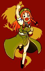  :d arm_up bow braid clenched_hands commentary_request dragon female hat hong_meiling long_hair open_mouth orange_hair raised_fist red_background ribbon shouryuuken smile solid_circle_eyes solo star_(symbol) terrajin touhou twin_braids uppercut v-shaped_eyebrows 