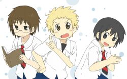  3boys arawi_keiichi_(style) black_hair blonde_hair book brown_eyes brown_hair commentary_request dancing danshi_koukousei_no_nichijou glasses green_eyes hyadain_no_kakakata_kataomoi_-_c kr96 multiple_boys necktie nichijou parody pun short_hair skirt style_parody tabata_hidenori tadakuni tanaka_yoshitake 