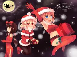  3girls alternate_costume alternate_hairstyle arm_up armpits bare_shoulders black_hair black_legwear blonde_hair blue_eyes blush breasts breath capelet china_dress chinese_clothes christmas commentary_request covered_nipples dress drill_hair elbow_gloves full_moon gift gloves hat konpaku_youmu konpaku_youmu_(ghost) luna_child medium_breasts midriff moon multiple_girls night oerba_yun_fang orange_hair pantyhose ponytail red_legwear red_theme santa_costume santa_hat shin_(new) silhouette sleigh small_breasts snow star_sapphire sunny_milk thighhighs touhou 