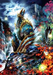  blue_eyes claws cliff cloud commentary_request electricity full_moon fuse_ryuuta glowing highres horns landscape leaf lightning maple_leaf monster monster_hunter_(series) monster_hunter_portable_3rd moon mountain nature night no_humans open_mouth photoshop_(medium) scenery sky tail water waterfall zinogre 