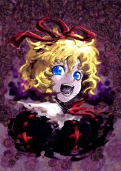  :d blonde_hair blue_eyes blush bow commentary_request crazy crazy_smile doll dress evil_smile female frilled_shirt frilled_shirt_collar frilled_sleeves frills hair_ribbon harusame_(unmei_no_ikasumi) horror_(theme) medicine_melancholy open_mouth poison_(final_fight) puffy_short_sleeves puffy_sleeves red_bow red_neckwear red_ribbon ribbon shirt short_hair short_sleeves smile smog solo teeth touhou upper_body wavy_hair 