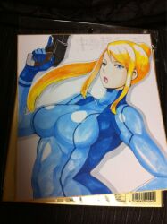  blonde_hair blue_eyes bodysuit breasts butcha-u drawing eyelashes female gun handgun holding holding_gun holding_weapon large_breasts lips long_hair marker_(medium) metroid mole mole_under_mouth paralyzer photo_(medium) ponytail samus_aran shikishi skin_tight solo traditional_media translated weapon zero_suit 