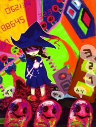  blue_cloak blue_headwear braid brown_hair cloak closed_eyes closed_mouth door facing_viewer female frown hat kyukkyu-kun long_hair madotsuki red_footwear speech_bubble standing surreal tegaki twin_braids twintails wheelie_(yume_nikki) witch_hat yume_nikki 