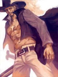  1boy arisue_kanako black_hair coat commentary_request cowboy_shot cross cross_necklace dracule_mihawk facial_hair hat jewelry male_focus muscular necklace one_piece open_clothes open_coat plume solo sword topless_male weapon yellow_eyes yoru_(sword) 