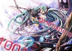  23ichiya aqua_hair bad_id bad_pixiv_id binary bridal_gauntlets cd female gloves hands_on_own_face hatsune_miku hatsune_miku_(append) highres instrument keyboard_(instrument) long_hair microphone microphone_stand reflection solo twintails very_long_hair vocaloid vocaloid_append 