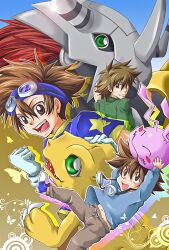  1boy aged_down agumon brown_hair bug butterfly casual clenched_hand commentary_request digimon digimon_(creature) digimon_adventure digimon_adventure_02 dinosaur friends gloves green_eyes koromon leng_s lolicon looking_back male_focus multiple_persona navel teenage wargreymon white_gloves yagami_taichi 