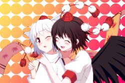  2girls animal_ears black_hair black_wings blush cheek-to-cheek closed_eyes commentary_request detached_sleeves embarrassed h-new hat heads_together hug inubashiri_momiji multiple_girls photoshop_(medium) pom_pom_(clothes) red_eyes scarf shameimaru_aya short_hair smile tassel tokin_hat touhou white_hair wings wolf_ears 