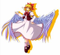  bad_id bad_pixiv_id blonde_hair bow breasts commentary_request dress female frills full_body gengetsu_(touhou) hairbow medium_breasts red_bow short_hair smile socks solo touhou touhou_(pc-98) vest wings yellow_eyes yoshida_tatsumi 