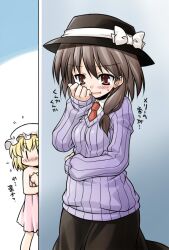  2girls akou_roushi alternate_costume blush bow brown_eyes brown_hair commentary_request female_pervert hat maribel_hearn multiple_girls naked_towel necktie pervert ribbed_sweater smelling smelling_clothes sweater touhou towel translated usami_renko |_| 