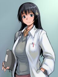  aged_up black_hair blue_eyes breasts clipboard commentary_request female flower gradient_background hair_flower hair_ornament hand_in_pocket lab_coat large_breasts long_hair pen saten_ruiko scientist smile solo toaru_kagaku_no_railgun toaru_majutsu_no_index tsuda_nanafushi 