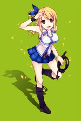  belt blonde_hair boots brown_eyes commentary_request fairy_tail female full_body high_heels himaya key knee_boots looking_up lucy_heartfilia one_side_up open_mouth petals photoshop_(medium) ribbon salute shirt shoes simple_background skirt sleeveless sleeveless_shirt smile solo whip wristband 