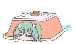  =_= blush_stickers bowl cirno closed_eyes commentary_request cup daiyousei edamame_(barium) female food fruit green_hair hair_ribbon kotatsu mandarin_orange melting mug ribbon short_hair side_ponytail sleeping solo table touhou under_kotatsu under_the_table water wings zzz 