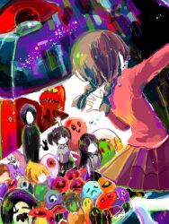  1boy 4girls black_skirt braid brown_hair collared_shirt everyone extra_arms eye_in_palm faceless faceless_female facing_away floyag frog_character_(yume_nikki) kasei-san kyukkyu-kun long_hair long_sleeves madotsuki monoe monoko multiple_girls pink_shirt pleated_skirt poniko purple_skirt sekomumasada_sensei shirt sitting skirt standing tegaki toriningen twin_braids twintails uboa white_shirt yume_nikki 