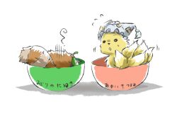  2girls animal_ears animalization bad_id bad_pixiv_id bowl chibi cup_ramen fox_tail futatsuiwa_mamizou futatsuiwa_mamizou_(tanuki) hat in_bowl in_container leaf leaf_on_head maruchan_akai_kitsune_udon maruchan_midori_no_tanuki_tensoba multiple_girls multiple_tails raccoon_ears rebecca_(keinelove) tail touhou translated yakumo_ran yakumo_ran_(fox) 