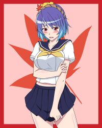  alternate_costume blush border breasts commentary_request embarrassed female h-new large_breasts leaf midriff_peek photoshop_(medium) pleated_skirt purple_hair red_border red_eyes rope school_uniform serafuku shimenawa short_hair skirt slit_pupils solo touhou yasaka_kanako 