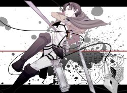  1boy bad_id bad_pixiv_id boots cherish-228 emblem letterboxed levi_(shingeki_no_kyojin) male_focus paradis_military_uniform shingeki_no_kyojin solo survey_corps_(emblem) sword three-dimensional_maneuver_gear weapon 