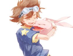  1boy bad_id bad_pixiv_id big_hair brown_hair closed_eyes digimon digimon_(creature) digimon_adventure friends gihuta_hiroshi gloves goggles happy holding holding_digimon koromon male_focus smile yagami_taichi 