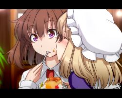  2girls blonde_hair blush brown_hair cherry closed_eyes commentary_request cream food food_on_face fruit hat kiwi_(fruit) letterboxed maribel_hearn multiple_girls no_headwear orange_(fruit) pudding purple_eyes spoon tori_(minamopa) touhou usami_renko 