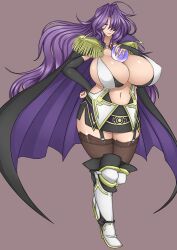  boots breasts cloak curvy elbow_gloves female female garter_belt garter_straps gloves heels high_heels highres huge_breasts jewelry long_hair milf miniskirt navel necklace nipples original otogi_tetsurou puffy_nipples purple_hair shoes short_skirt simple_background skirt solo standing stocking thighhighs thighs 