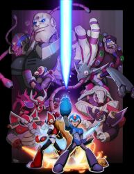  6+boys android arm_cannon arm_up armor armored_armadillo_(mega_man) bald blonde_hair boomer_kuwanger_(mega_man) border chill_penguin_(mega_man) clenched_hand cross darkkenjie energy_beam energy_sword everyone facial_mark fire firing flame_mammoth_(mega_man) flamethrower forehead_jewel gem helmet horns launch_octopus_(mega_man) long_hair long_tongue low_ponytail mega_man_(series) mega_man_x1 mega_man_x_(series) met_(mega_man) multiple_boys ponytail red_cross sigma_(mega_man) signature spark_mandrill_(mega_man) standing star_wars sting_chameleon_(mega_man) storm_eagle_(mega_man) sword tentacle tongue very_long_hair weapon wings x_(mega_man) zero_(mega_man) 