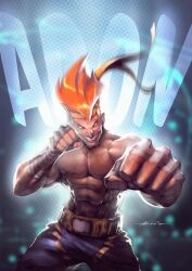  1boy abraao_lucas abs adon_(street_fighter) character_name clenched_hands clenched_teeth commentary fighting_stance grin halftone halftone_background hand_wraps headband male_focus moire mongkhon muscular no_pupils nose orange_hair photoshop_(medium) shorts signature smile solo street_fighter teeth 