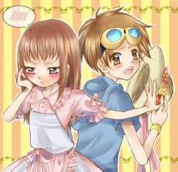  1boy alternate_hairstyle blush brown_hair commentary_request digimon digimon_tamers dress female goggles hair_down hat highres looking_away makino_ruki matsuda_takato pink_dress purple_eyes spoken_blush striped striped_background ttabbassukko unworn_hat unworn_headwear wristband 