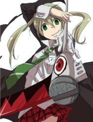  button_up_shirt green_eyes long_coat longcoat lowres maka_albarn necktie plaid plaid_skirt scythe skirt skull smile soul_eater striped striped_necktie striped_tie twintails 