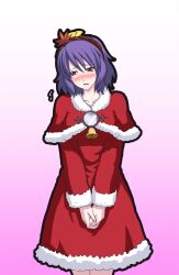  bell blush capelet christmas commentary_request dress female h-new highres leaf leaf_on_head mirror own_hands_clasped own_hands_together photoshop_(medium) purple_hair red_capelet red_eyes rope santa_costume shimenawa short_hair solo touhou yasaka_kanako 