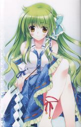  absurdres ankle_lace-up blush cross-laced_footwear crossed_legs detached_sleeves female frog gohei green_hair hair_ornament highres kochiya_sanae legs long_hair non-web_source rei_(rei&#039;s_room) scan sitting solo touhou yellow_eyes 