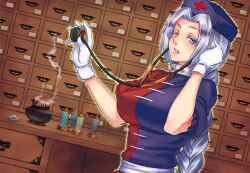  blue_eyes braid breasts censer commentary_request drawer female gloves grey_hair hat incense large_breasts lips long_hair looking_at_viewer nurse_cap one_eye_closed puffy_short_sleeves puffy_sleeves short_sleeves smile solo stethoscope touhou tube yagokoro_eirin yuuten 