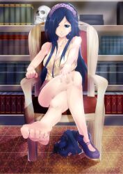  bare_shoulders barefoot blue_eyes blue_hair book breasts chair cleavage commentary_request crossed_legs dress earrings feet female foot_focus hair_ornament highres jewelry large_breasts legs library long_hair photoshop_(medium) shoes single_shoe sitting skull smile solo succubus_quest sundress toe_scrunch toes tomohiro_kai 