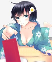  aqua_kimono araragi_tsukihi bad_id bad_pixiv_id bakemonogatari black_eyes black_hair blurry breasts cellphone cleavage depth_of_field downblouse egg_hair_ornament female food-themed_hair_ornament hair_ornament japanese_clothes kimono kirifrog medium_breasts monogatari_(series) nisemonogatari phone short_hair solo 