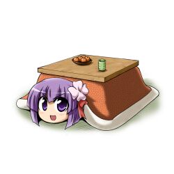  :d blush bowl chibi commentary_request cup female flower food fruit hair_flower hair_ornament hiding hieda_no_akyuu kotatsu kousei_(public_planet) mandarin_orange open_mouth photoshop_(medium) purple_eyes purple_hair short_hair smile solo table touhou under_kotatsu under_the_table v-shaped_eyebrows yunomi 