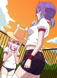  2girls alternate_costume ass bike_shorts blonde_hair blue_hair blush breast_envy buruma commentary_request gym_uniform h-new hairband hat midriff moriya_suwako multiple_girls photoshop_(medium) purple_hair red_eyes rope shaded_face shimenawa short_hair short_ponytail thighhighs touhou towel white_legwear wristband yasaka_kanako 