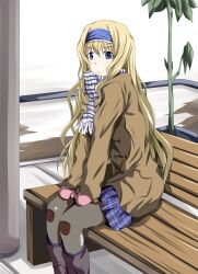  bench blonde_hair blue_eyes blue_hairband boots cecilia_alcott commentary_request female hairband infinite_stratos long_hair mister_(black_and_white) mittens pantyhose photoshop_(medium) scarf sitting solo winter_clothes 