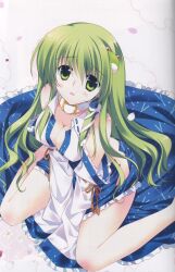  absurdres bare_legs bare_shoulders blush breasts cleavage collar detached_sleeves female frog green_eyes green_hair hair_ornament highres kochiya_sanae large_breasts long_hair non-web_source open_mouth rei_(rei&#039;s_room) scan sitting skirt snake solo touhou wariza 