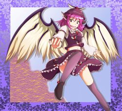  animal_ears bad_id bad_pixiv_id brown_eyes female hat midriff mystia_lorelei navel open_mouth pink_hair purple_thighhighs ribbon shoes short_hair skirt smile solo thighhighs touhou winged_footwear wings yoshida_tatsumi 