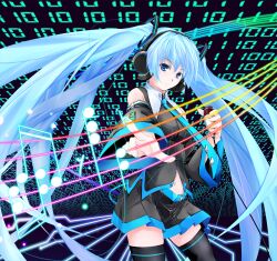  binary blue_eyes blue_hair commentary_request detached_sleeves female hatsune_miku headphones highres kedamonodamono long_hair microphone musical_note navel necktie photoshop_(medium) pointing skirt solo thighhighs twintails very_long_hair vocaloid 