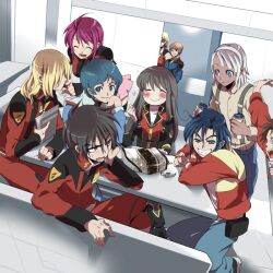  2girls 6+boys :&gt; after_war_gundam_x amuro_ray asu_(asoras) black_hair blonde_hair blue_hair bottle brown_hair candy char&#039;s_counterattack char_aznable closed_eyes commentary_request eureka_seven eureka_seven_(series) food garrod_ran green_eyes grin gundam gundam_seed gundam_seed_destiny heart jacket kamille_bidan loran_cehack lunamaria_hawke multiple_boys multiple_girls pink_skirt purple_hair quattro_bajeena red_eyes renton_thurston rey_za_burrel setsuko_ohara shinn_asuka sitting skirt smile super_robot_wars super_robot_wars_z super_robot_wars_z1 suspenders thighhighs turn_a_gundam water_bottle white_hair zeta_gundam 