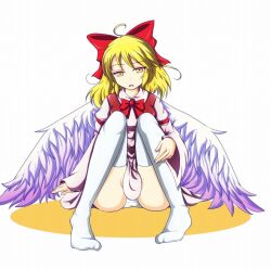  ahoge bad_id bad_pixiv_id blonde_hair bow breasts commentary_request female full_body gengetsu_(touhou) hairbow no_shoes oerba_yun_fang panties red_bow short_hair sitting small_breasts solo thighhighs touhou touhou_(pc-98) underwear white_background white_panties white_thighhighs wings yellow_eyes yoshida_tatsumi 