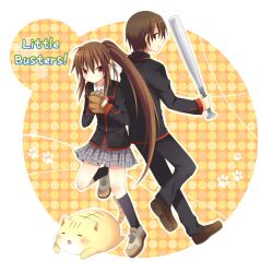  1boy back-to-back bad_id bad_pixiv_id baseball_bat baseball_mitt black_jacket black_socks brown_eyes brown_hair copyright_name doruji feline female jacket kneehighs little_busters! little_busters!_school_uniform long_hair long_sleeves looking_back mini_mamu naoe_riki natsume_rin paw_print ponytail red_eyes school_uniform siblings skirt socks standing standing_on_one_leg very_long_hair 