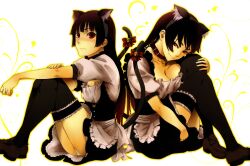  2girls animal_ears bell black_hair black_thighhighs blush breast_press breasts cat_ears cat_tail cleavage collar earrings flat_chest frilled_legwear ghost highres hime_cut jewelry kanoe_kirie kanoe_yuuko long_hair maid maybe medium_breasts multiple_girls naughty_face panties pantyshot photoshop_(medium) red_eyes ribbon sitting skirt smile tail tasogare_otome_x_amnesia thighhighs underwear 