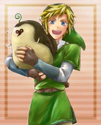  blonde_hair blue_eyes kikwi link male male_focus pointy_ears skyward_sword smile the_legend_of_zelda the_legend_of_zelda:_skyward_sword 