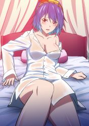  bed blush bottomless breasts cleavage collarbone commentary_request dress_shirt female h-new highres large_breasts leaf looking_at_viewer off_shoulder on_bed open_mouth photoshop_(medium) pillow purple_hair red_eyes rope shimenawa shirt short_hair slit_pupils solo touhou yasaka_kanako 