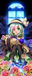  bad_id bad_pixiv_id black_pantyhose commentary_request eyepatch female flower green_eyes green_hair hat heart highres komeiji_koishi multicolored_flower multicolored_rose open_mouth pantyhose ringpearl rose sitting smile solo symbol-shaped_pupils thorns touhou window 