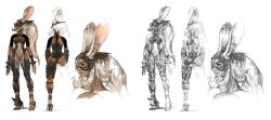  animal_ears armor ass bad_link clothing_cutout concept_art dark-skinned_female dark_skin female final_fantasy final_fantasy_xii fran_(ff12) helmet long_hair multiple_views navel navel_cutout ponytail rabbit_ears red_eyes thighhighs viera white_hair yoshida_akihiko 